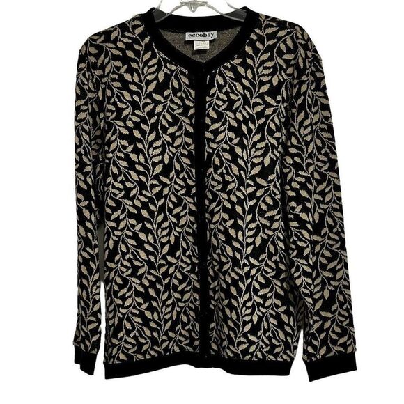 Eccobay Cardigan Women's Size L Black & Gold Nature Metallic Design Sweater - Picture 1 of 13